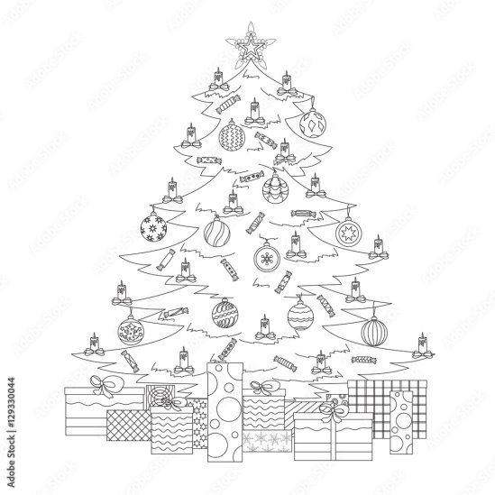 Coloring page with Christmas tree, star, balls, candy, candles and gifts.  Coloring book. Vector illustration. Stock Vector | Adobe Stock